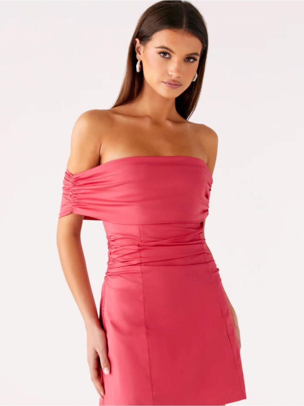 NWT Peppermayo Kierra Mini Dress Off-Shoulder Ruched Mini Dress in Coral Pink